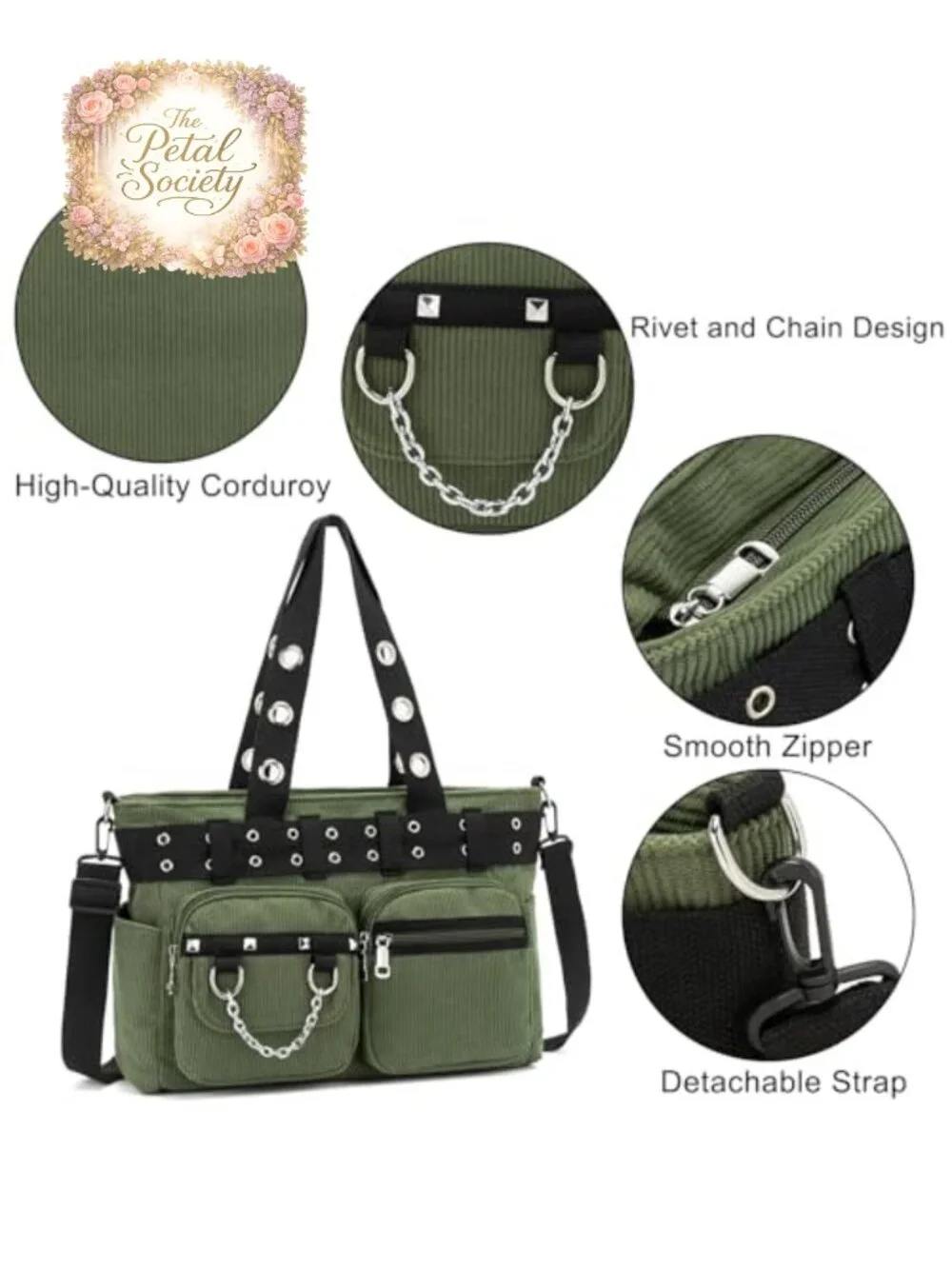 Corduroy Tote Bag with Zipper, Shoulder & Crossbody, Roomy College Work Travel